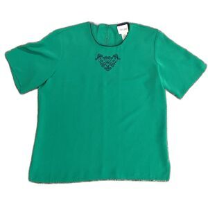 Vintage 80-90s TanJay Green Navy Heart Embroidered Short Sleeve Silky Top Sz 8